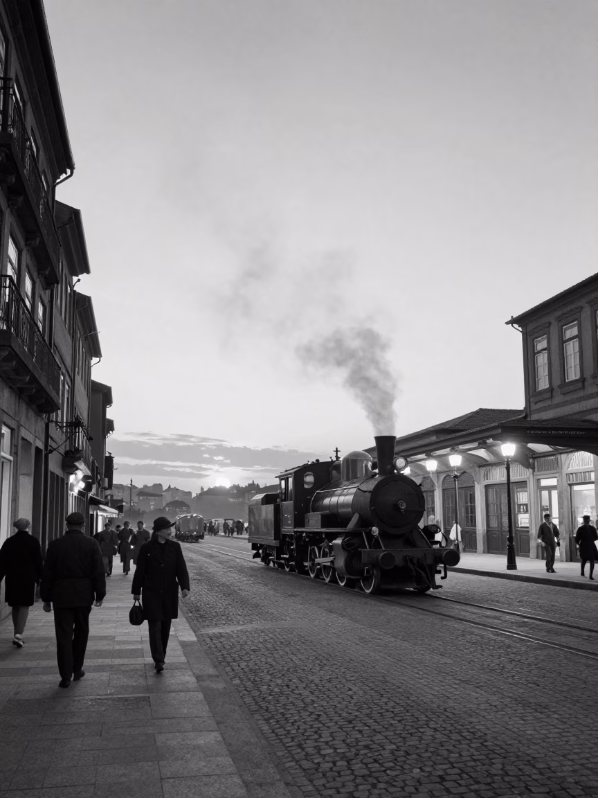 Vintage 1950s Porto Portugal Dusk Street Scene with Heritage Steam Locomotive and River Horizon in in Porto, Portugal