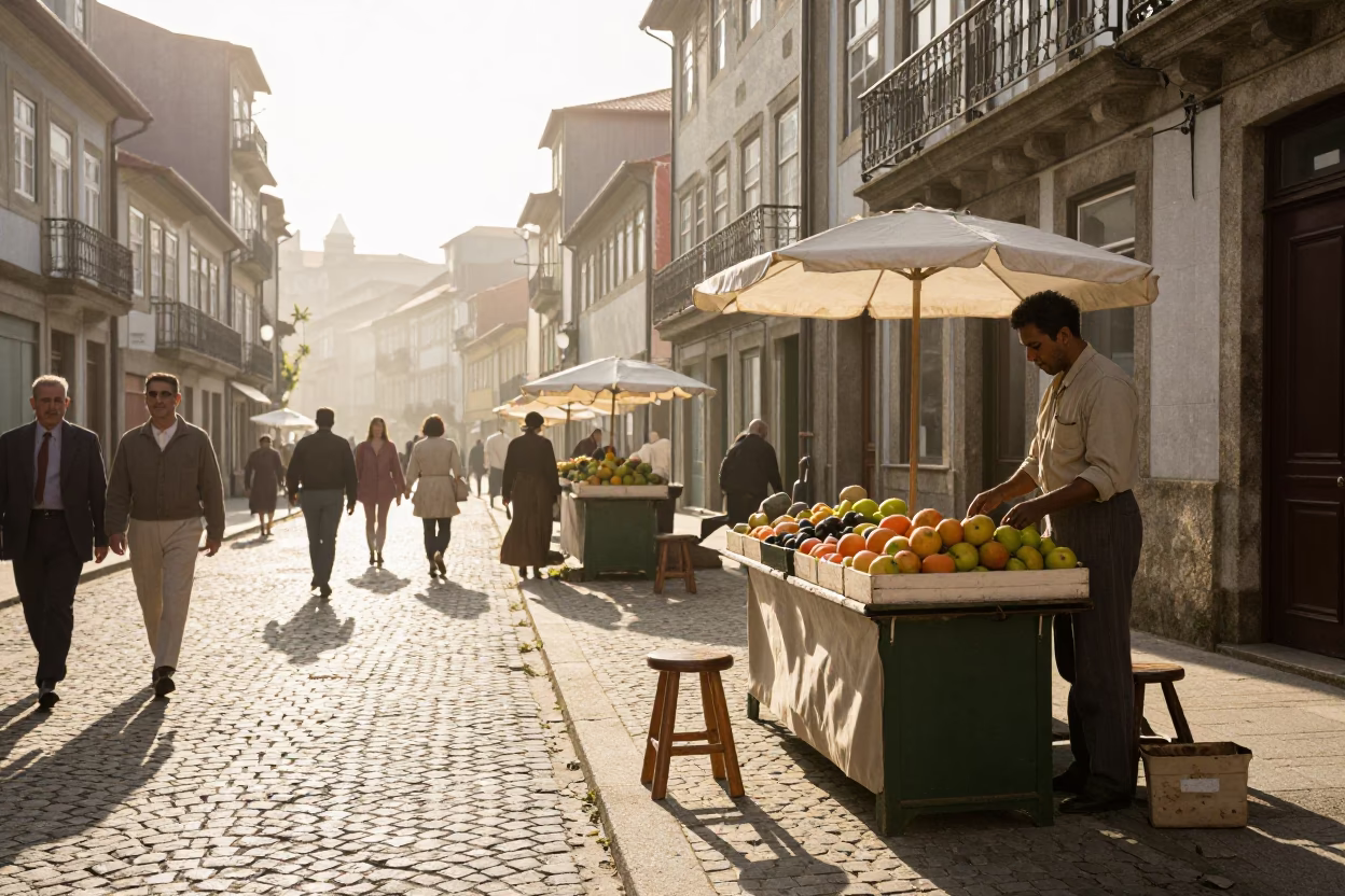 Vintage 1950s Porto Street Scene Morning Light with Stool and Shirt Hanger in in Porto, Portugal