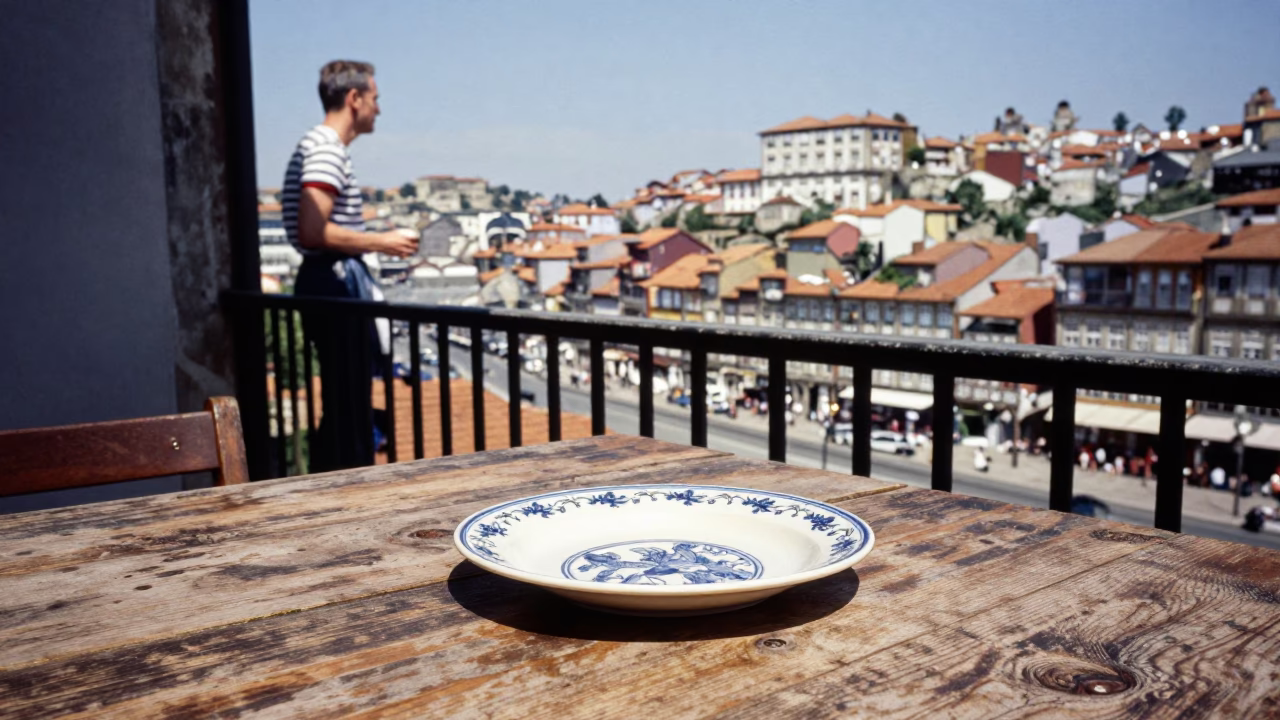 Vintage 1950s Porto Street Scene with Ceramic Plate and Glass Pitcher on Balcony in in Porto, Portugal