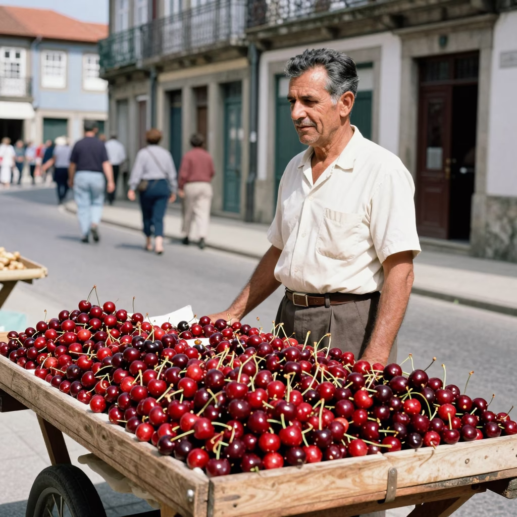Vintage 1950s Porto Street Scene with Local Market Cherries and Traditional Architecture in in Porto, Portugal