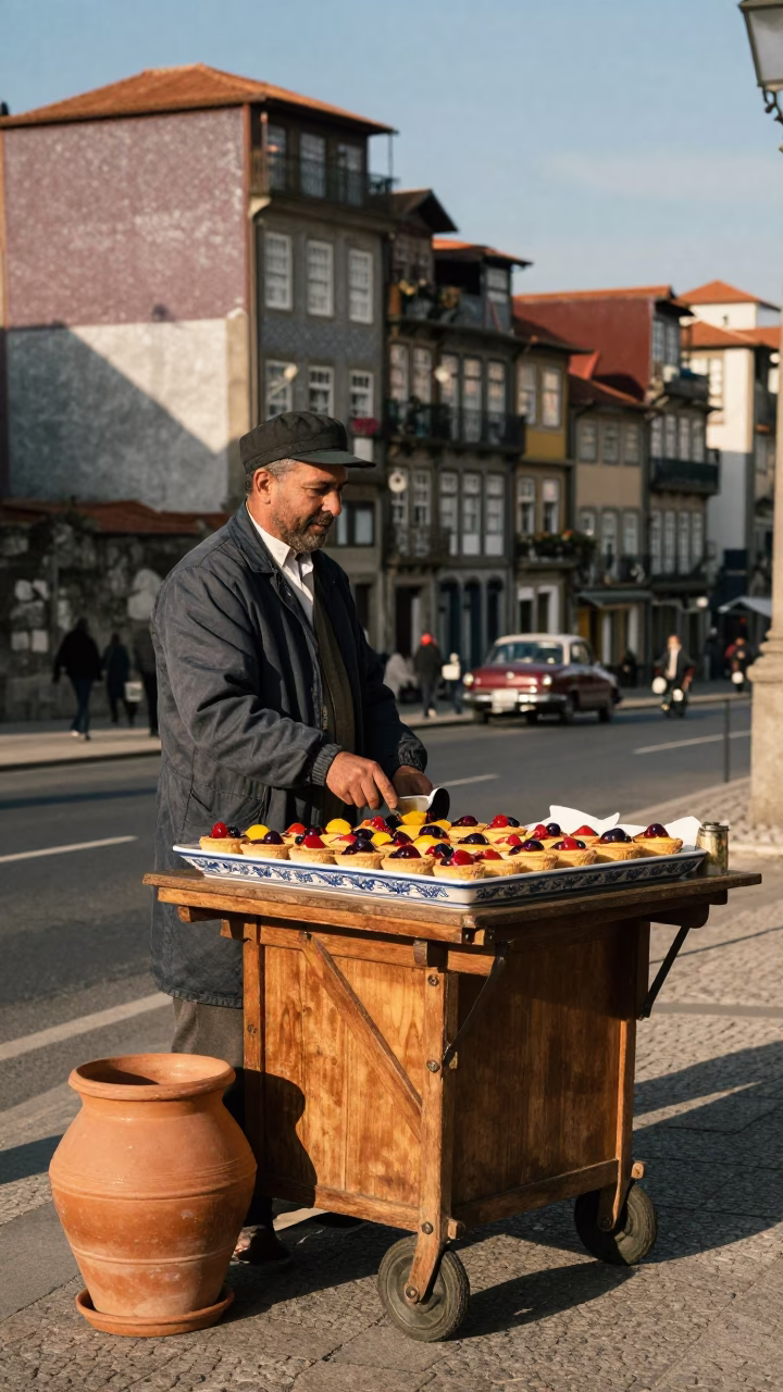 Vintage 1950s Porto Street Scene with Terracotta Pot and Fruit Tarts in in Porto, Portugal