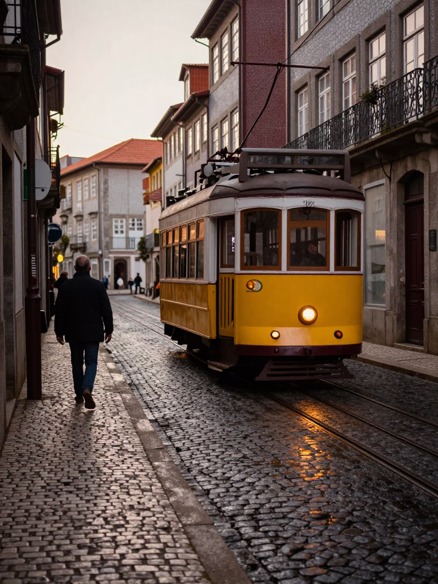 Vintage 1950s Porto Street Scene with Tram and Cobblestones in in Porto, Portugal