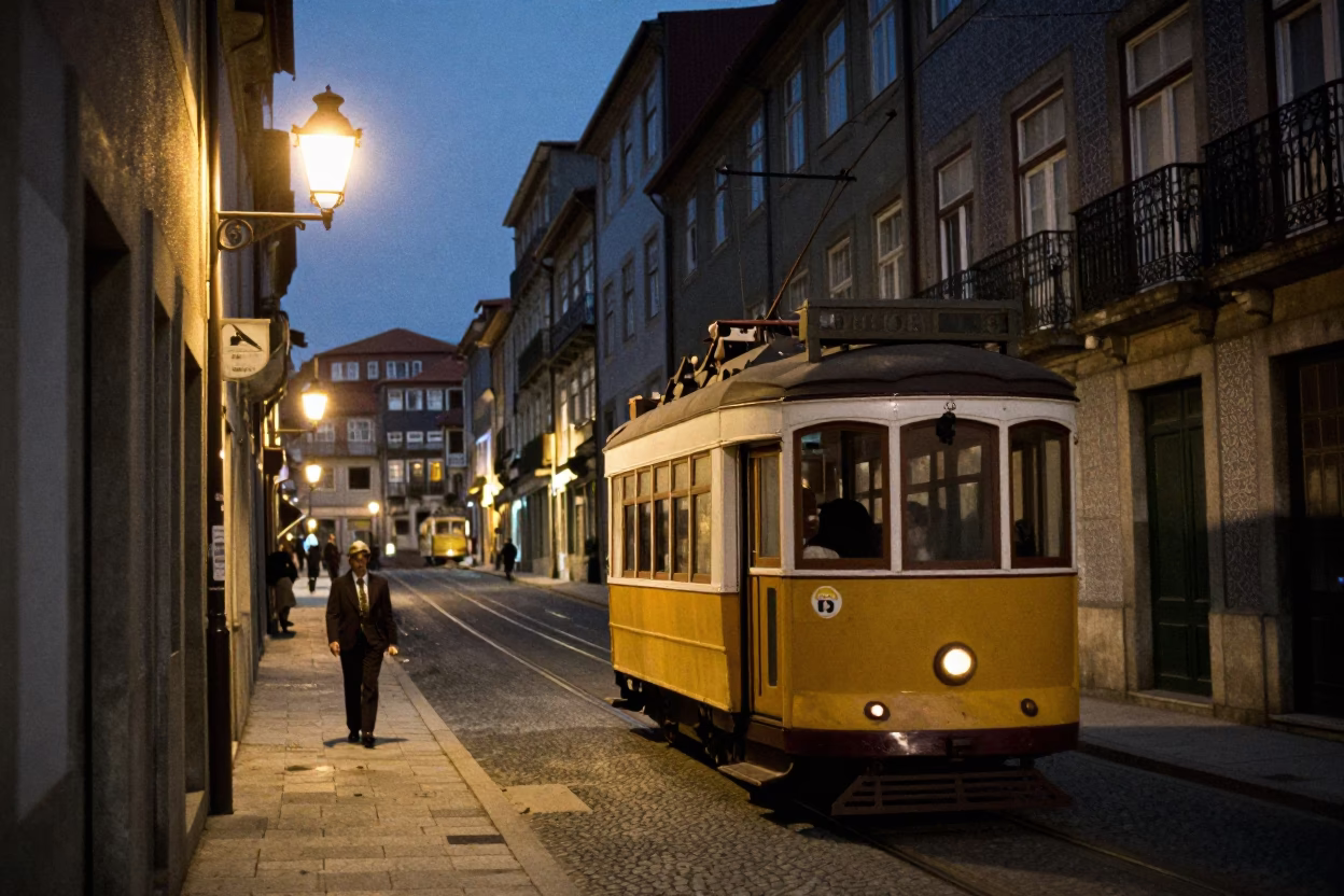 Vintage 1950s Porto Street Scene with Tram on Steep Hill at Dusk in in Porto, Portugal