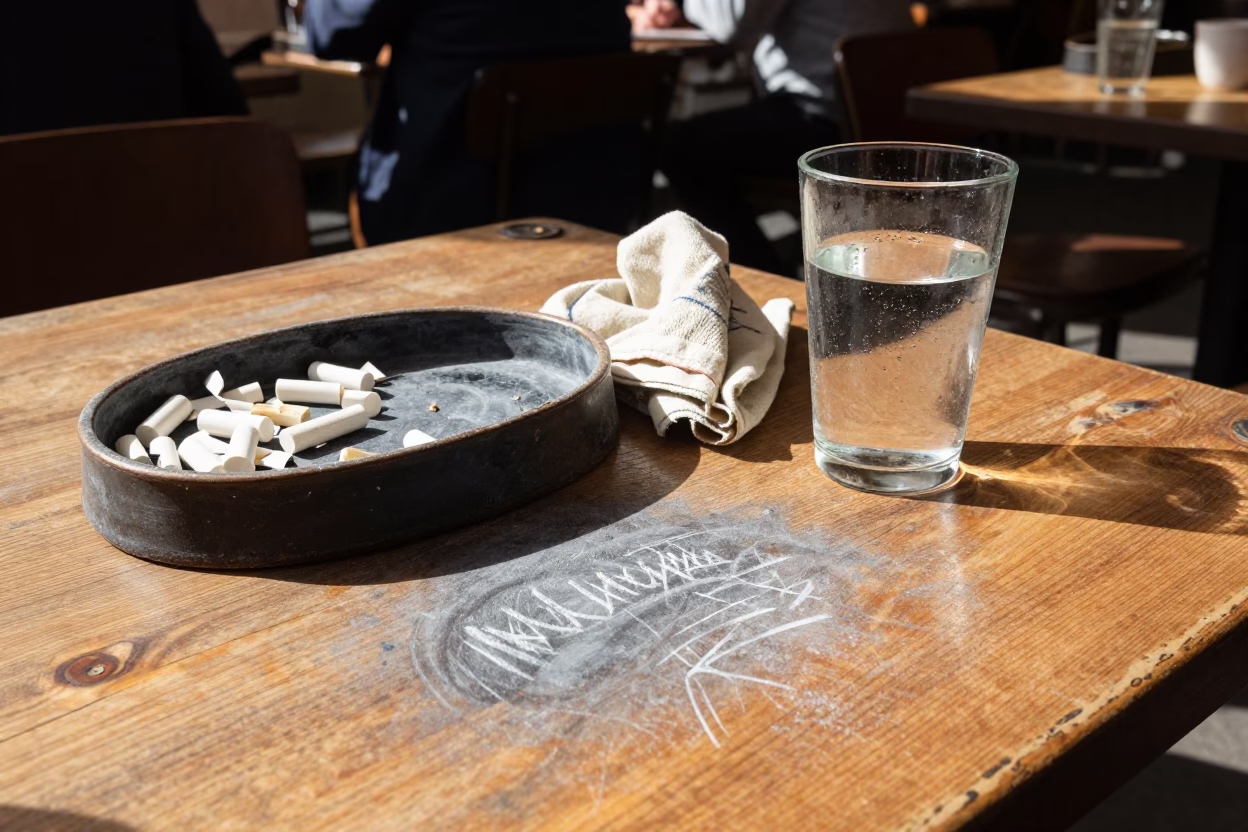 Vintage 1950s Prague Cafe Table with Chalk Dust and Twine in Late Afternoon Light in in Prague, Czech Republic