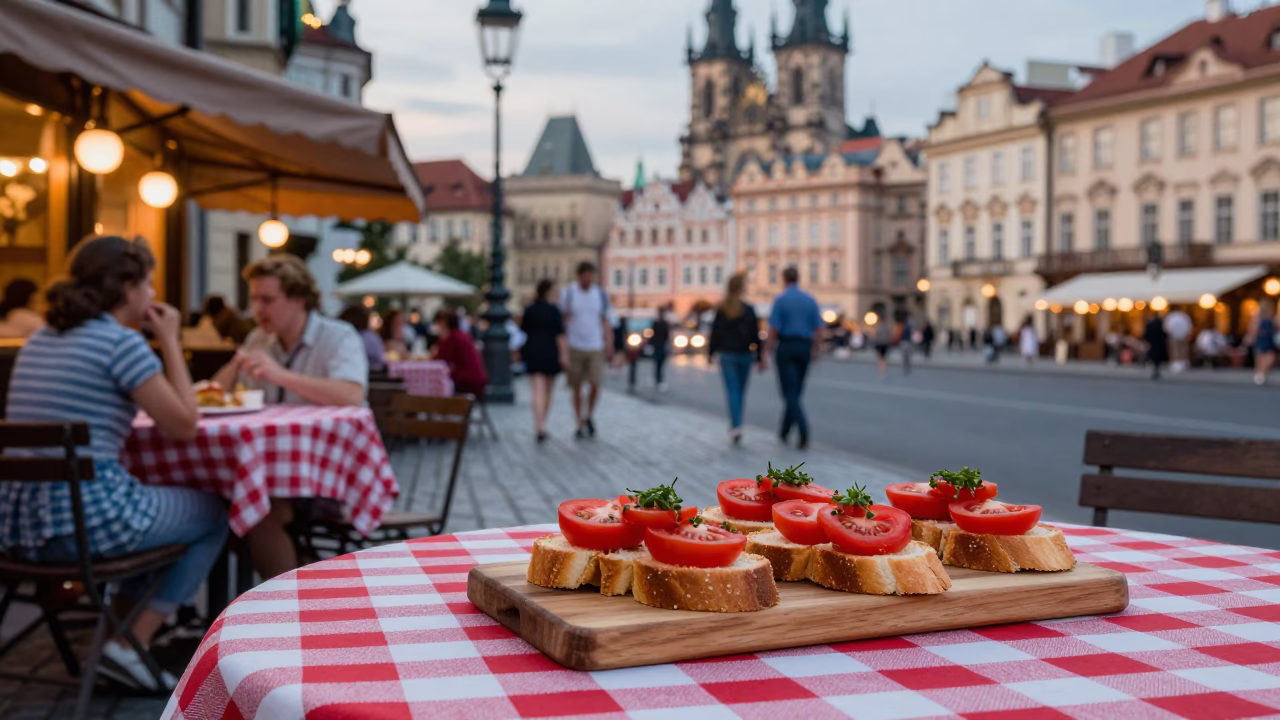 Vintage 1950s Prague Evening Street Scene with Colorful Food and Local Interaction in in Prague, Czech Republic