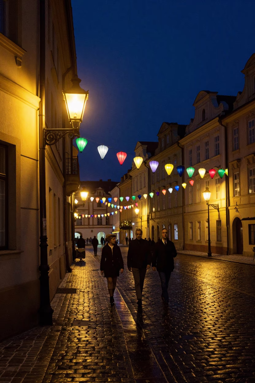 Vintage 1950s Prague Night Street Scene with Colorful Lanterns and Cobblestone Architecture in in Prague, Czech Republic