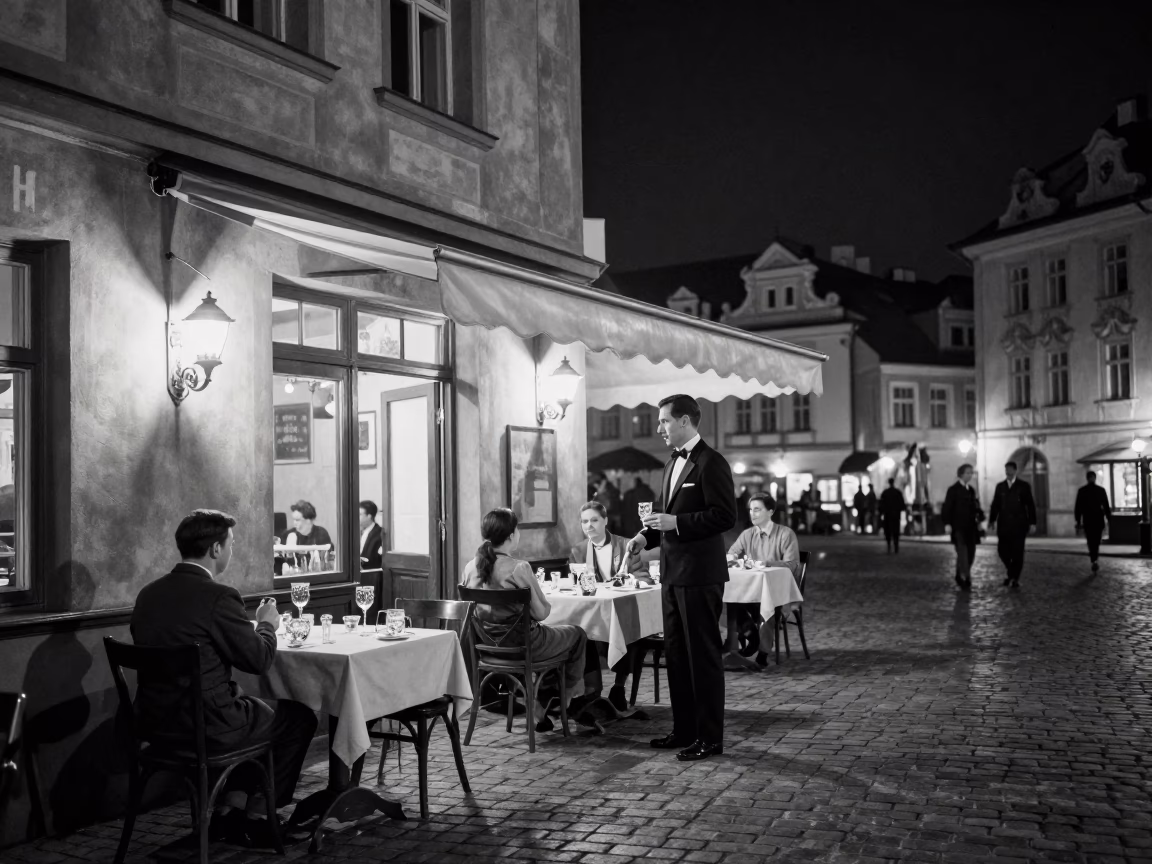 Vintage 1950s Prague Night Street Scene with Traditional Glassware and Coffee Culture in in Prague, Czech Republic