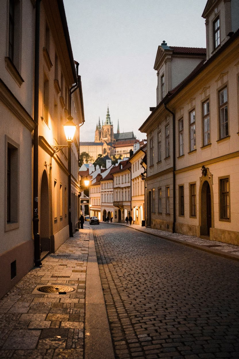 Vintage 1950s Prague Street Scene at Dusk with Porcelain Jars on Cobblestone Balcony in in Prague, Czech Republic