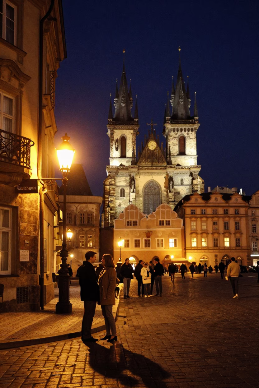 Vintage 1950s Prague Street Scene Under Deep Night Sky with Local Cafe Interaction in in Prague, Czech Republic