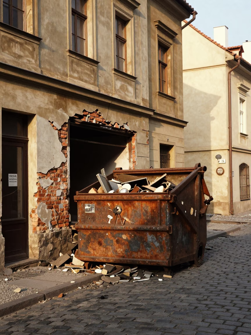 Vintage 1950s Prague Street Scene with Demolition Dumpster and Chalkboard in in Prague, Czech Republic