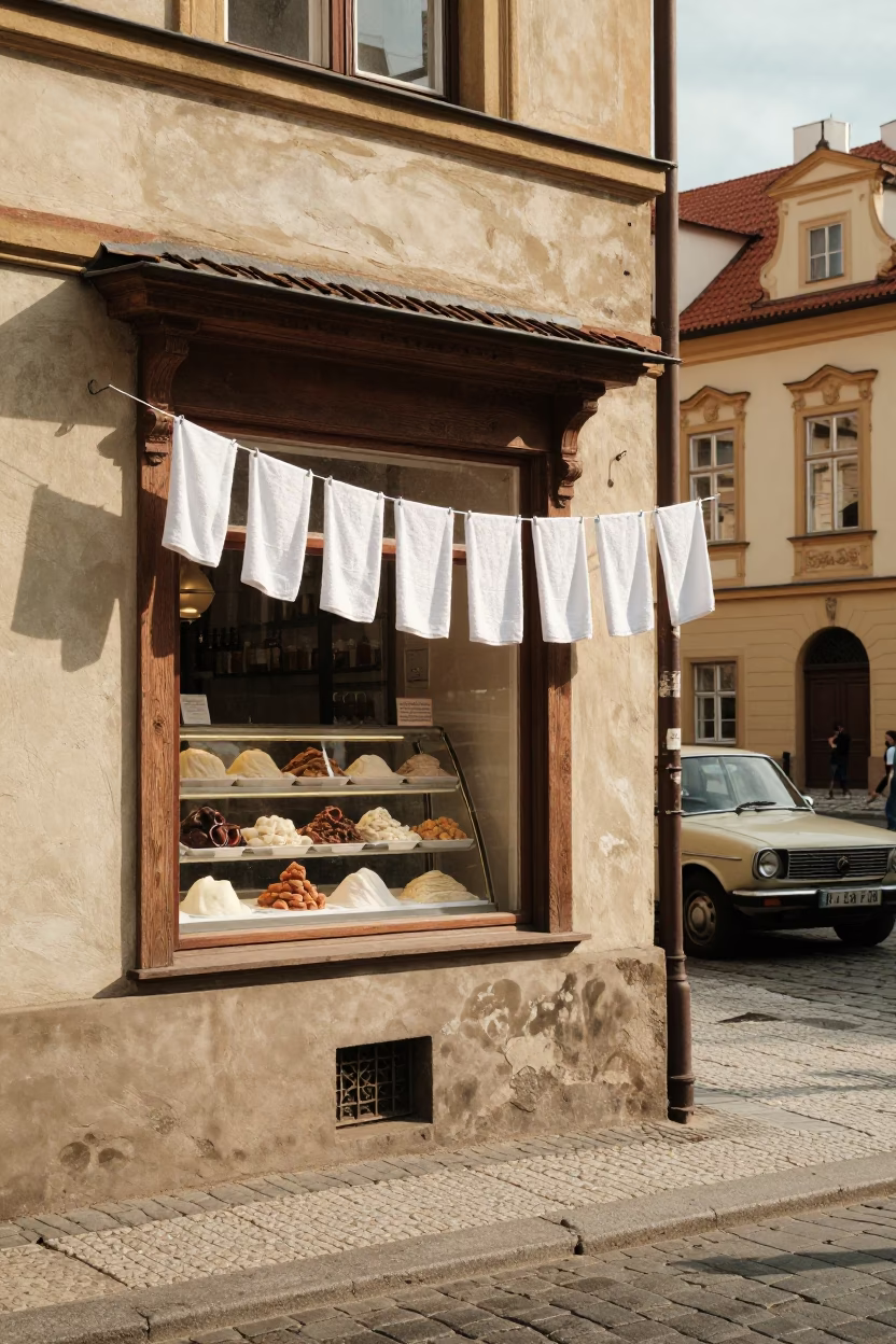 Vintage 1950s Prague Street Scene with Gelato Display and Drying Towels in in Prague, Czech Republic