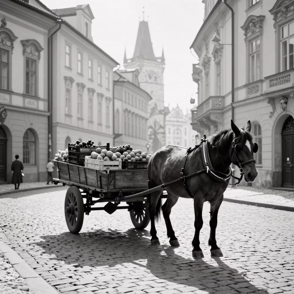 Vintage 1950s Prague Street Scene with Horse Drawn Cart on Cobblestones in in Prague, Czech Republic