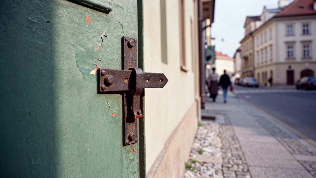 Vintage 1950s Prague Street Scene with Iron Deadbolt and Ceramic Saucer in in Prague, Czech Republic