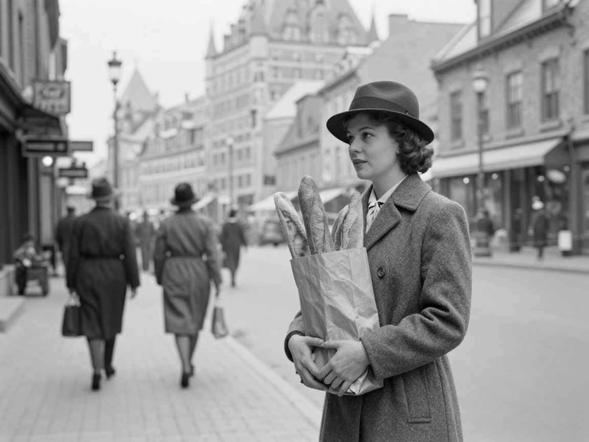 Vintage 1950s Quebec City Morning Street Scene with Baguettes and Classic Bus in in Quebec City, Quebec, Canada
