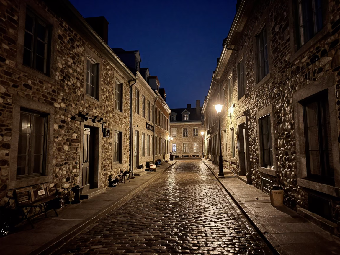 Vintage 1950s Quebec City Night Street Scene with Historic Stone Architecture and Cobblestone Alley in in Quebec City, Quebec, Canada