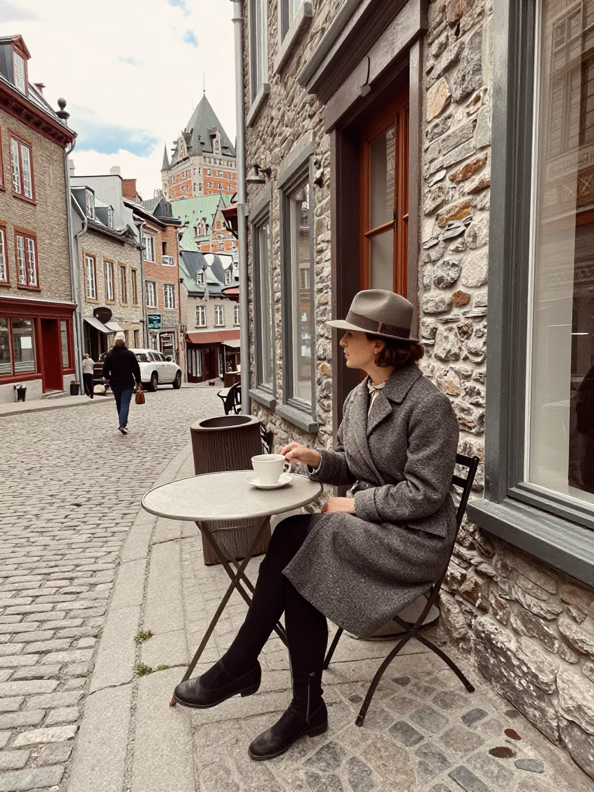 Vintage 1950s Quebec City Street Scene with Ceramic Cup and Lockbox in in Quebec City, Quebec, Canada