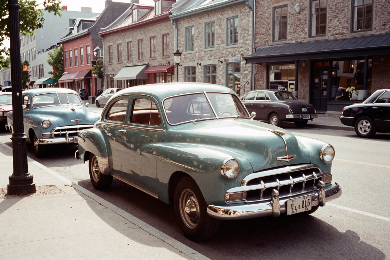 Vintage 1950s Quebec City Street Scene with Classic Cars and Cobblestone Alleyway in in Quebec City, Quebec, Canada
