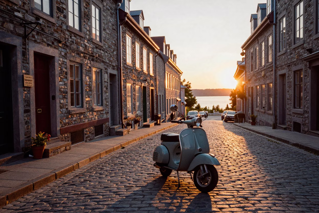 Vintage 1950s Quebec City Street Scene with Classic Scooter and Cobblestone Architecture at Sunset in in Quebec City, Quebec, Canada