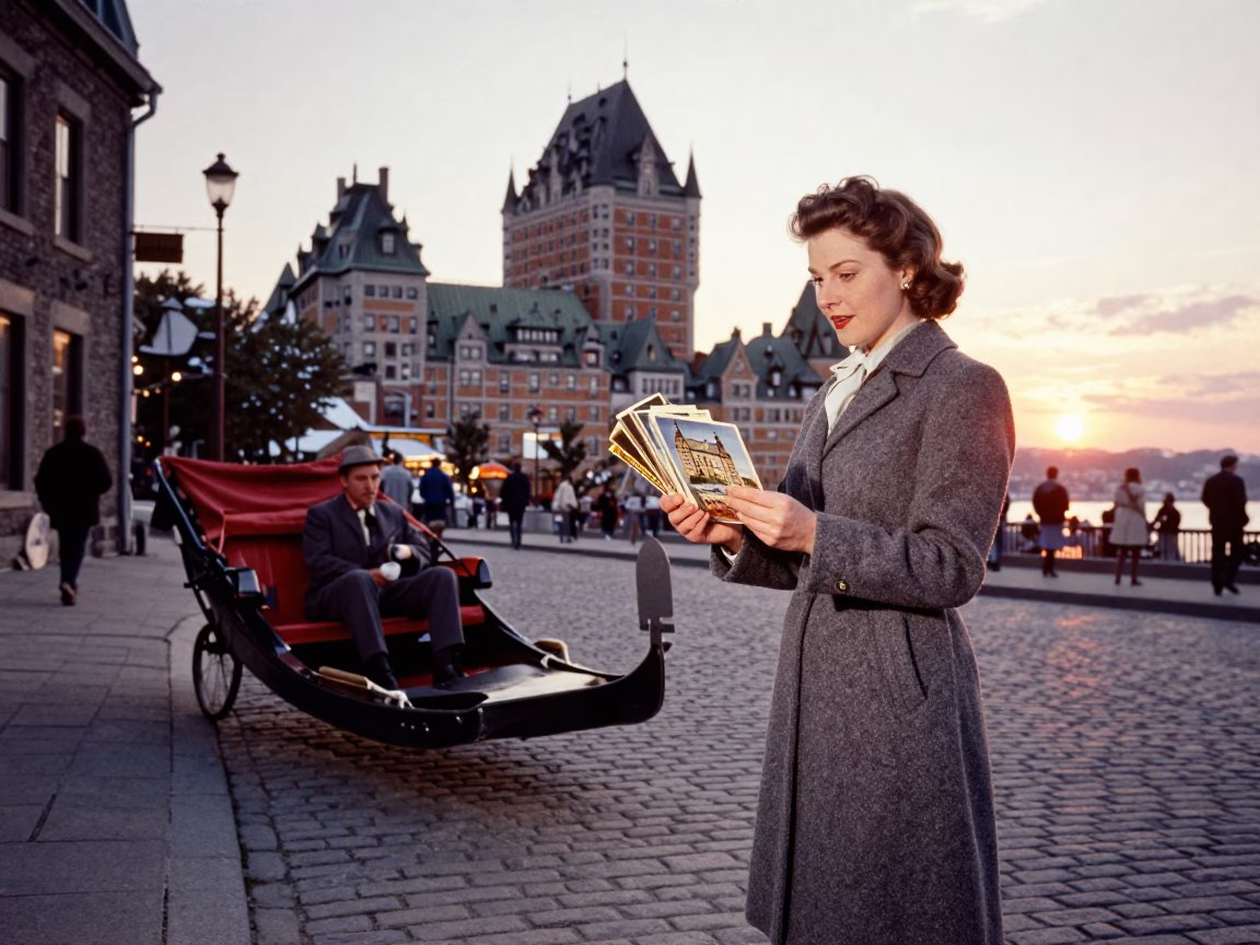Vintage 1950s Quebec City Street Scene with Postcards and Gondola Lift View at Sunset in in Quebec City, Quebec, Canada