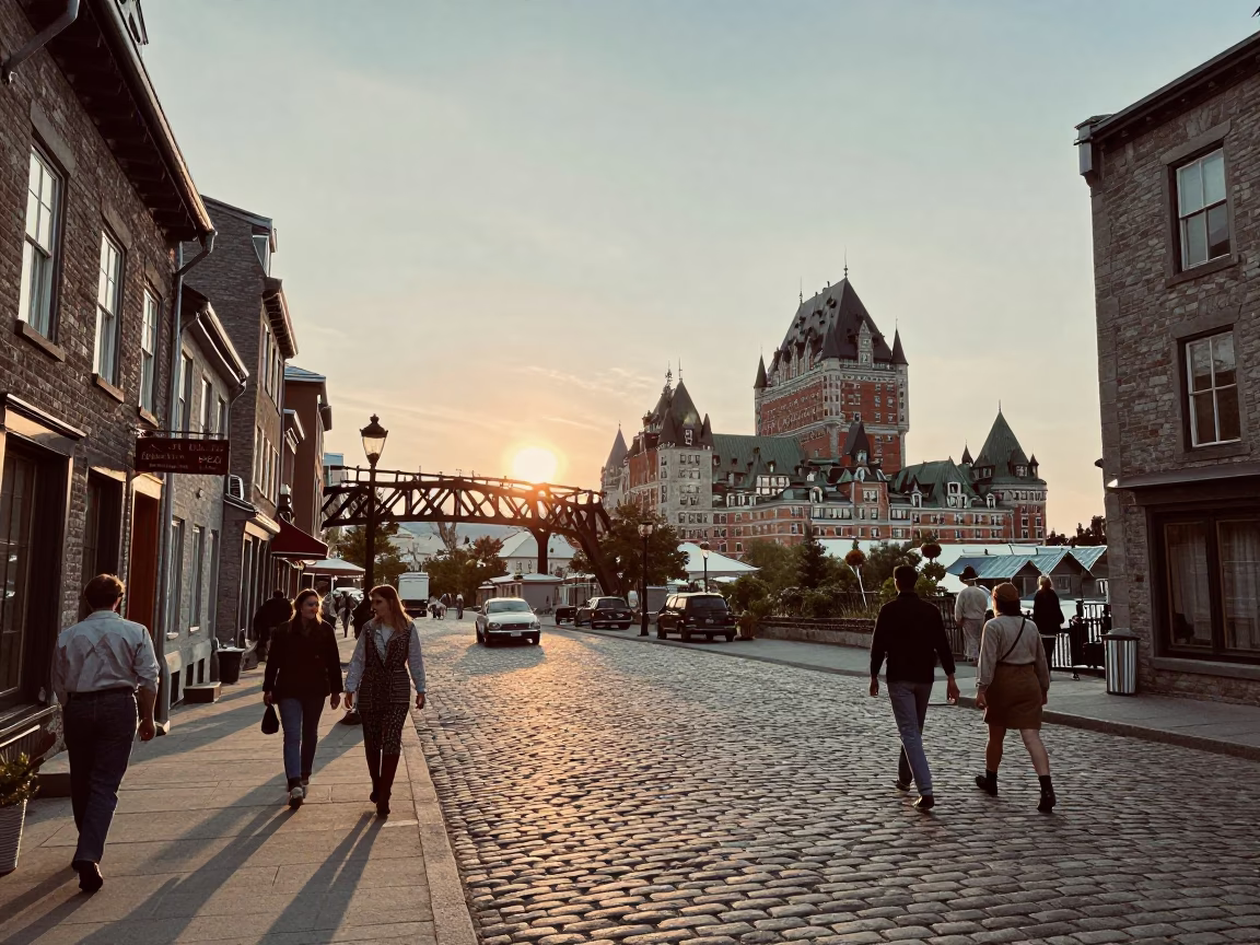 Vintage 1950s Quebec City Street Scene with Railway Viaduct and Sunset in in Quebec City, Quebec, Canada