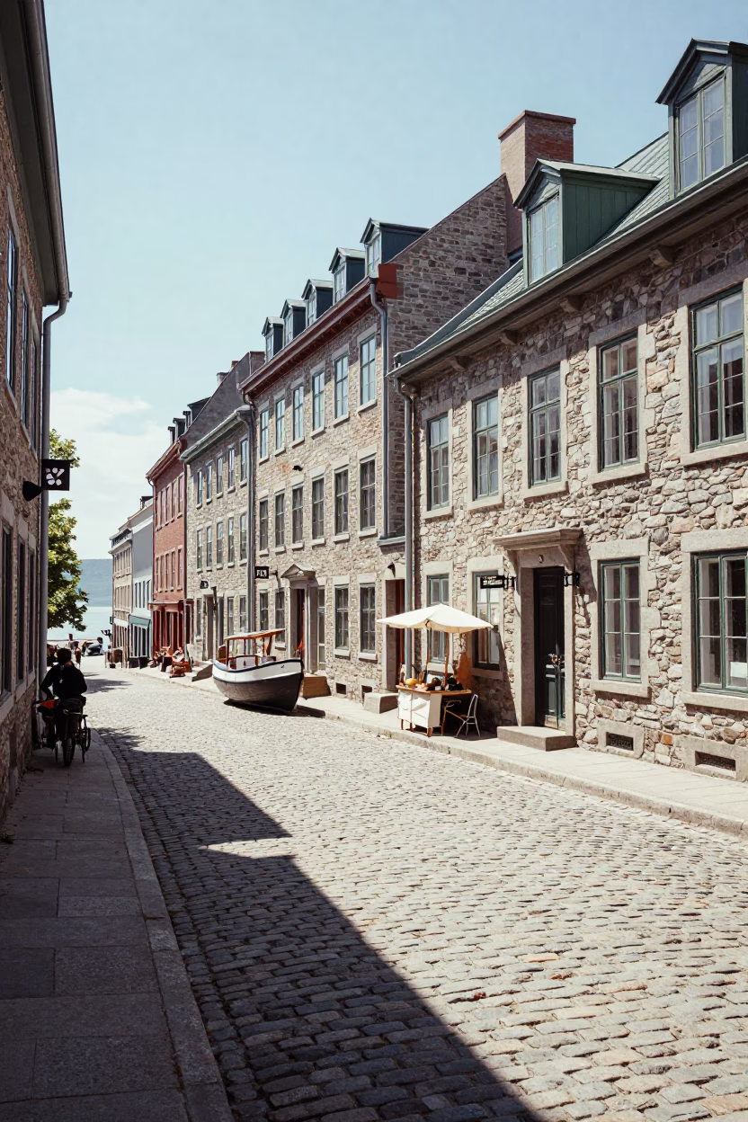 Vintage 1950s Quebec City Street Scene with Ship in a Bottle Display in in Quebec City, Quebec, Canada