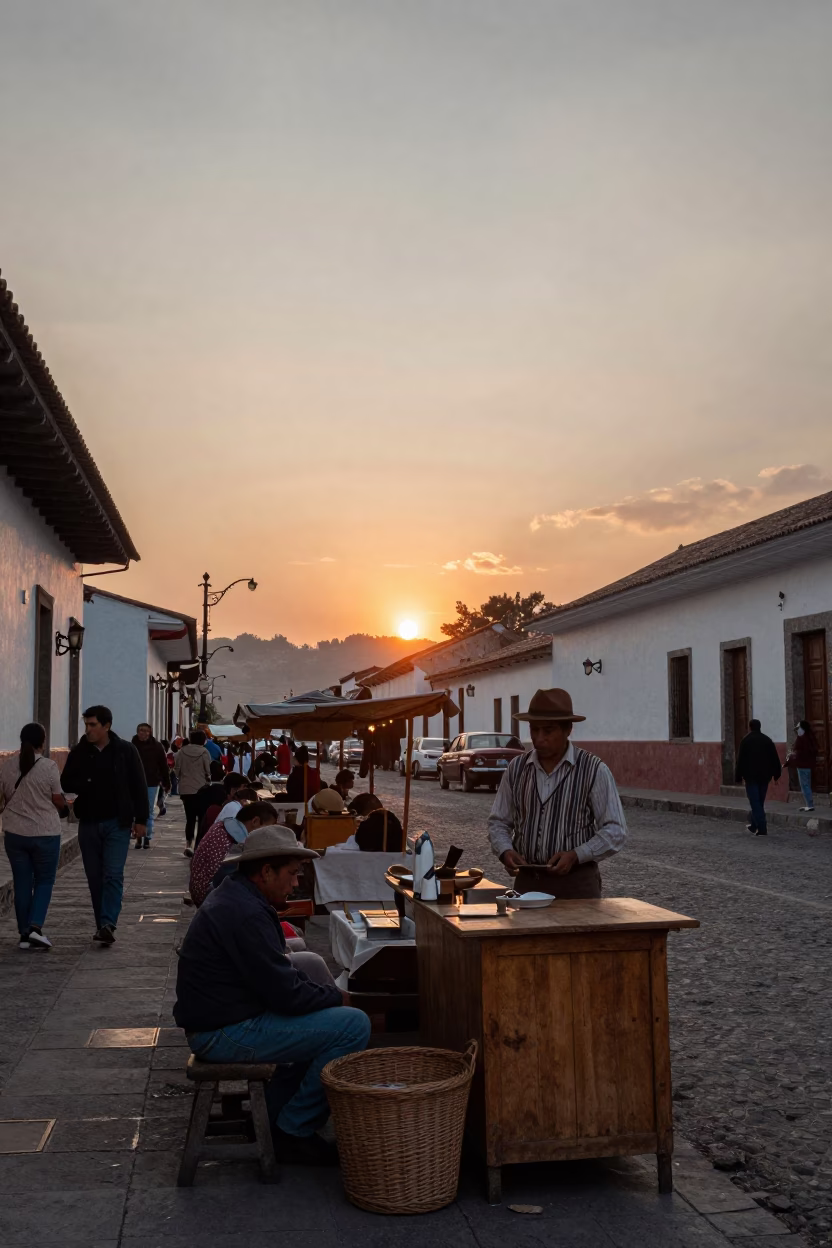 Vintage 1950s Quito Ecuador Street Scene with Whisk and Sunset Horizon in in Quito, Ecuador