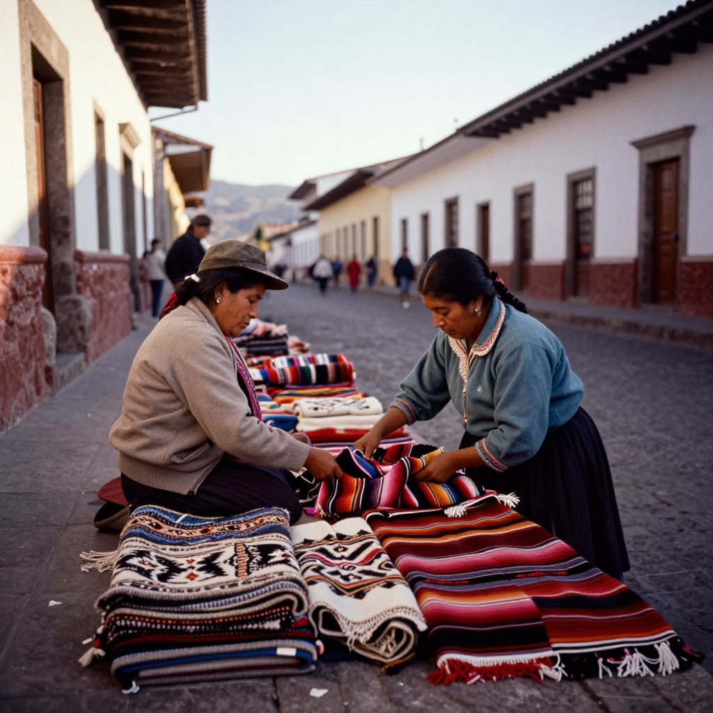 Vintage 1950s Quito Street Scene with Blankets and Local Interaction in in Quito, Ecuador