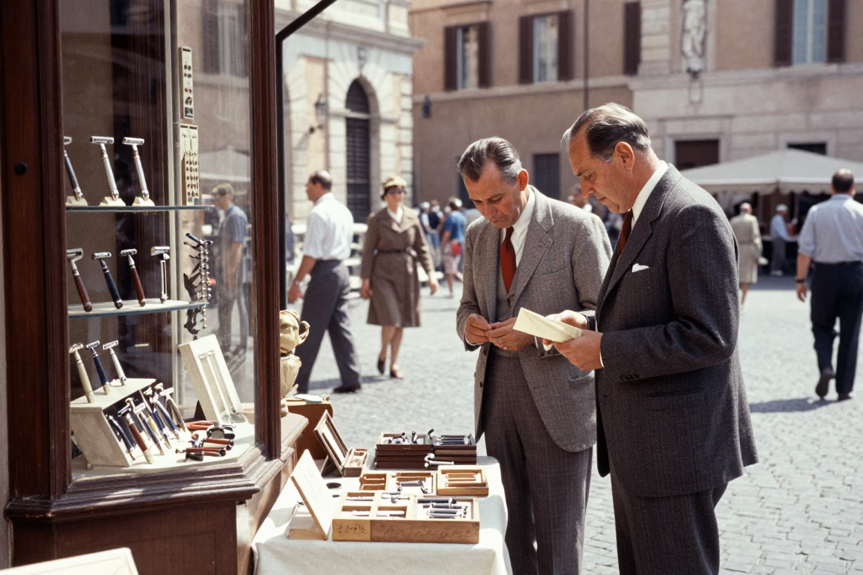 Vintage 1950s Roman Street Scene with Local Artisan and Everyday Objects in in Rome, Italy