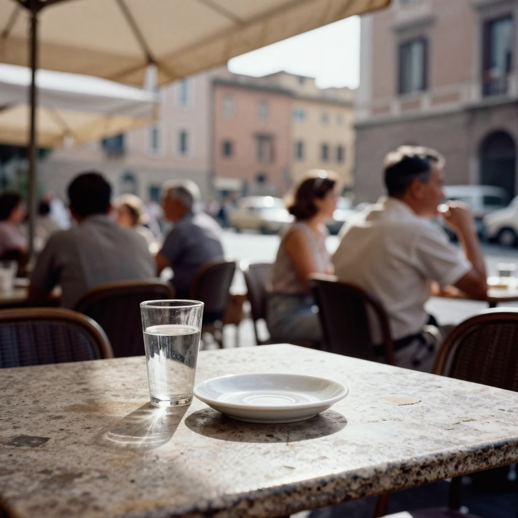 Vintage 1950s Roman Street Scene with Plate of Thai Green Papaya Salad and Saucer in in Rome, Italy
