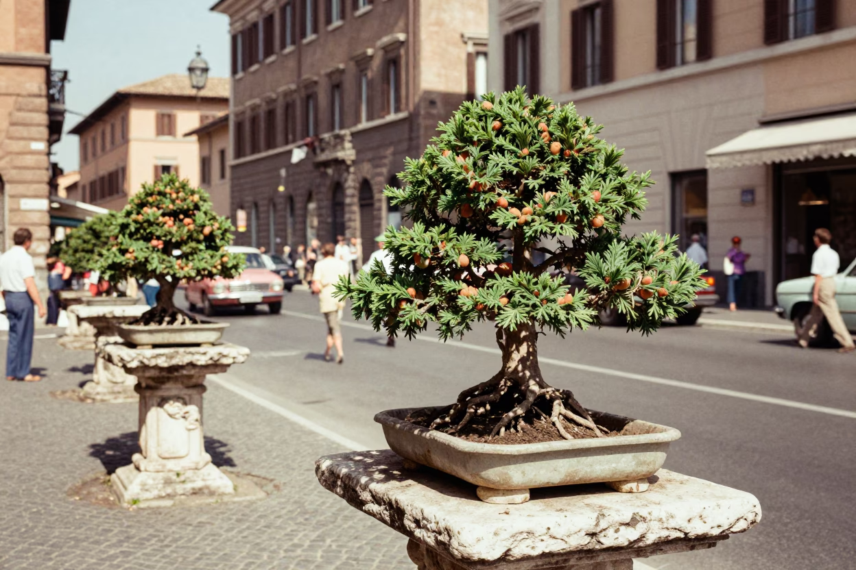 Vintage 1950s Rome Street Scene with Bonsai Juniper on Stone Slab in in Rome, Italy