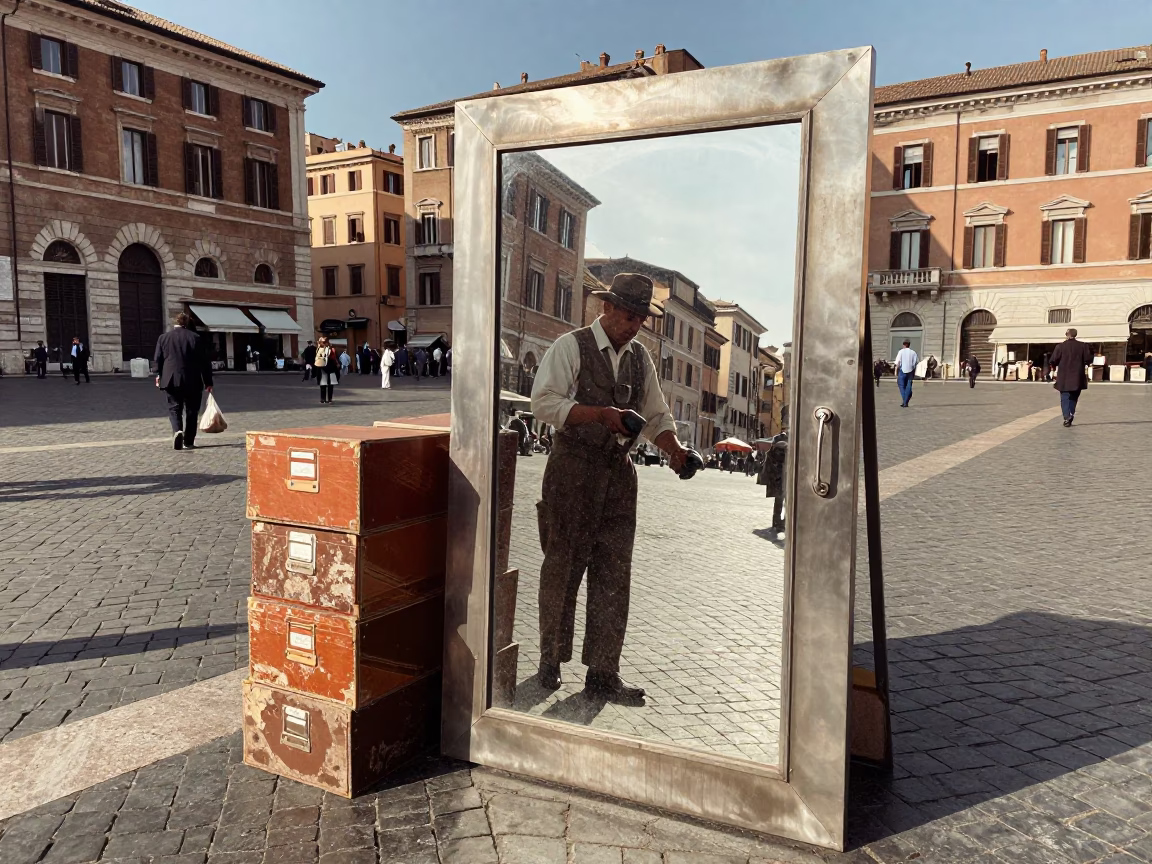 Vintage 1950s Rome Street Scene with Brushed Steel Mirror and File Box in in Rome, Italy