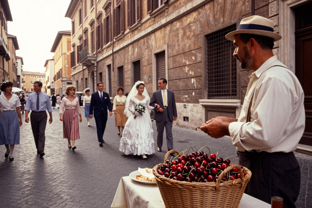 Vintage 1950s Rome Street Scene with Cherries and Traditional Wedding Procession in in Rome, Italy