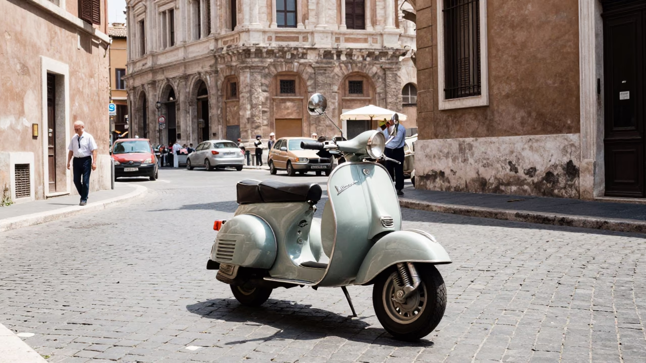 Vintage 1950s Rome Street Scene with Classic Scooter and Historic Architecture in in Rome, Italy