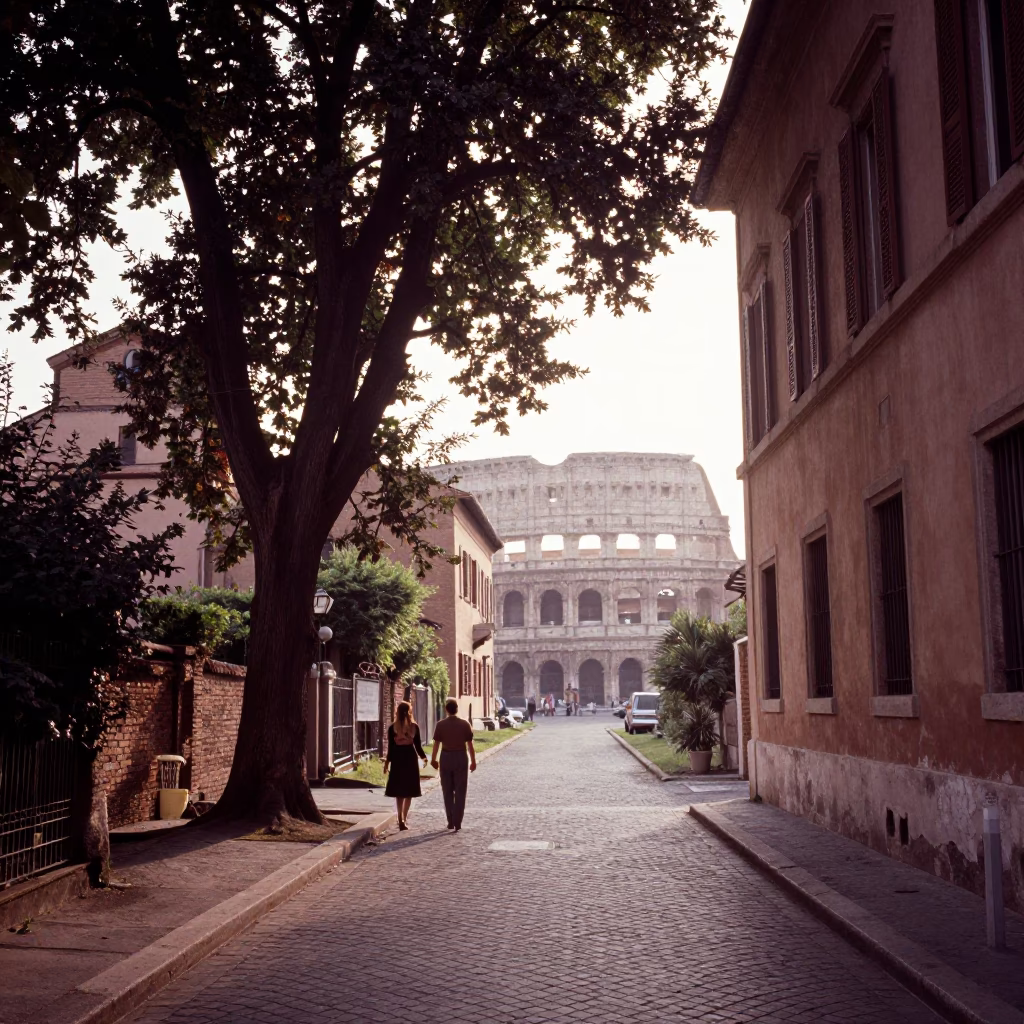Vintage 1950s Rome Street Scene with Copper Beech and Morning Light in in Rome, Italy