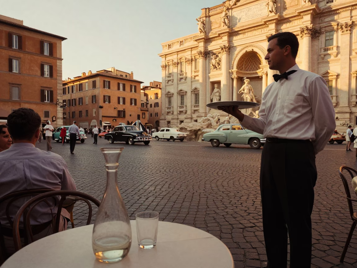 Vintage 1950s Rome Street Scene with Glass Carafe and Jasmine in Honeyed Evening Light in in Rome, Italy