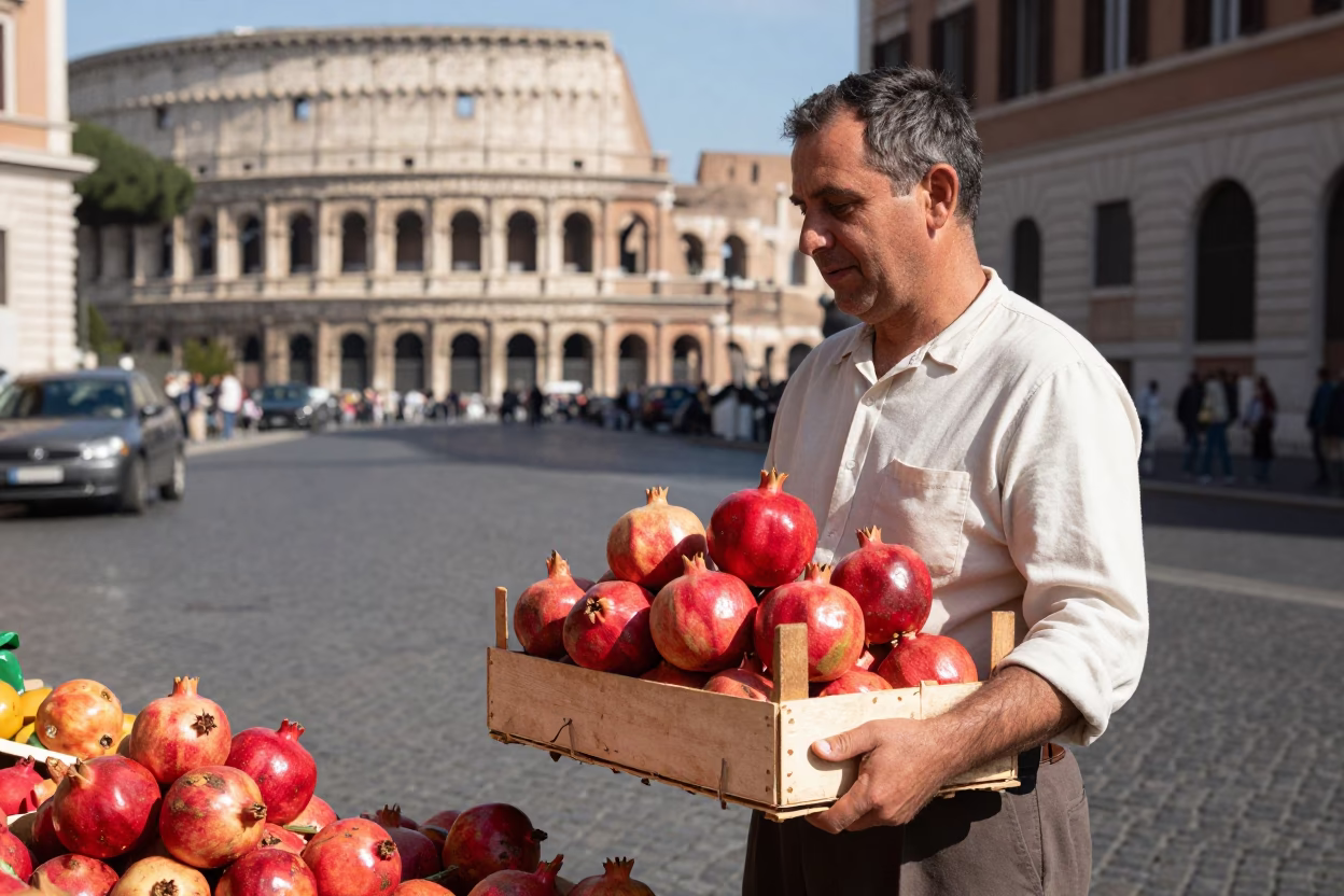 Vintage 1950s Rome Street Scene with Pomegranate Vendor and Classic Car in in Rome, Italy