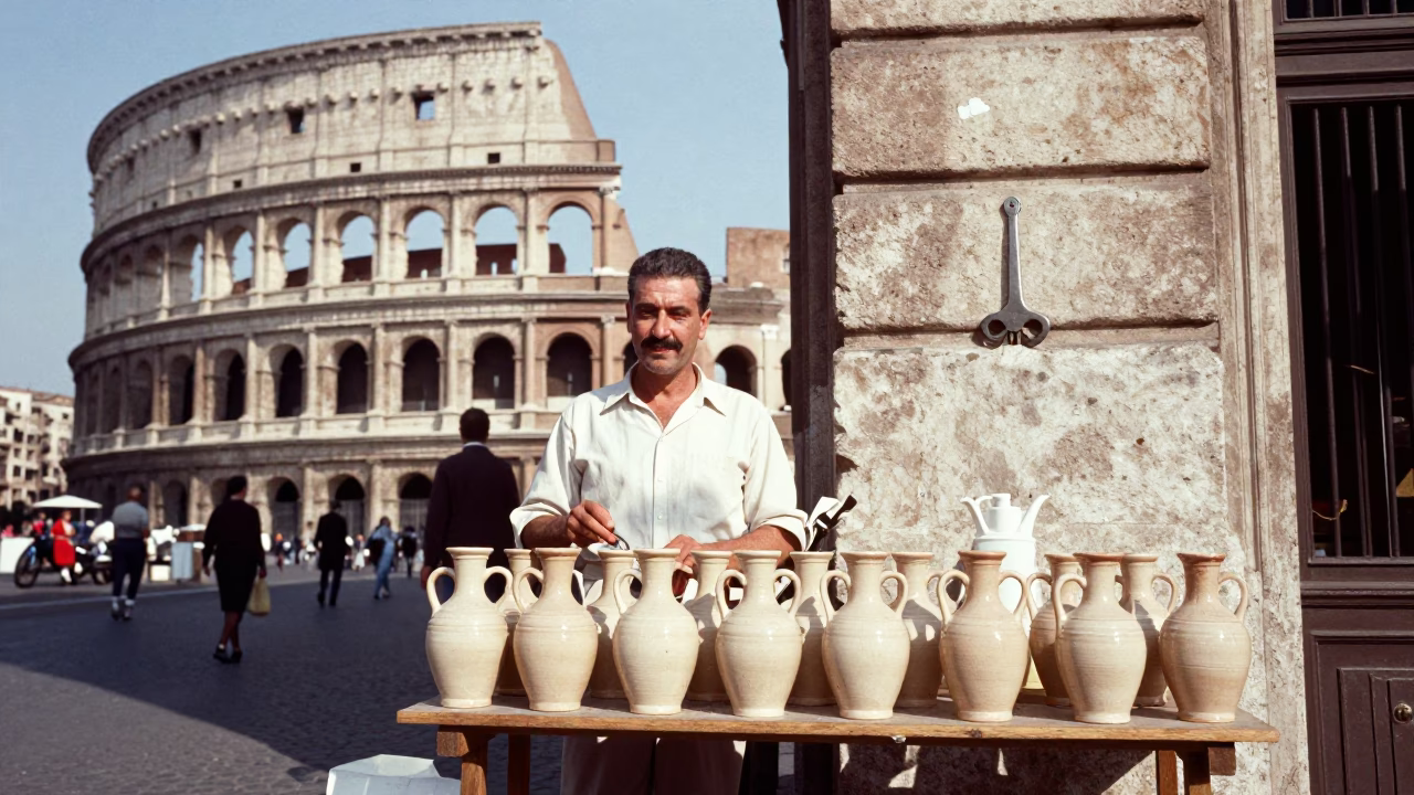 Vintage 1950s Rome Street Scene with Wine Opener and Local Interaction in in Rome, Italy