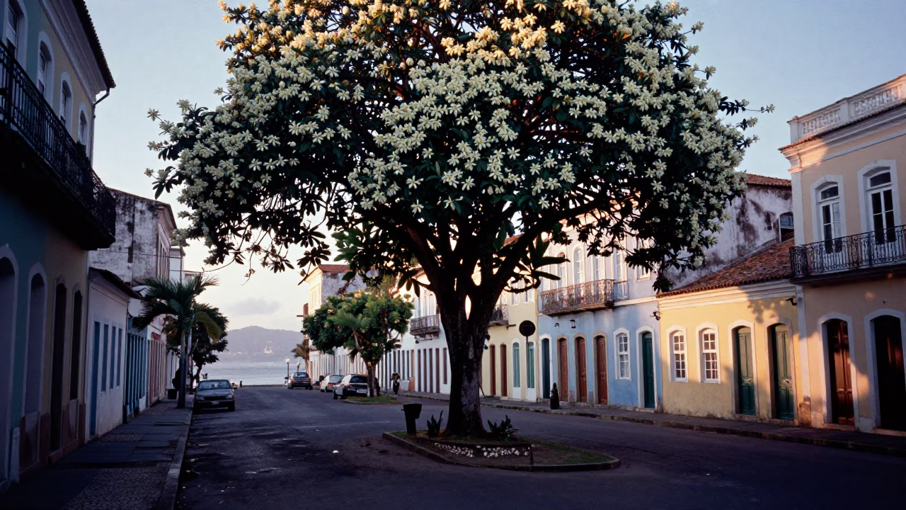 Vintage 1950s Salvador Brazil Street Scene Before Sunrise with Ylang-Ylang Tree in in Salvador, Brazil