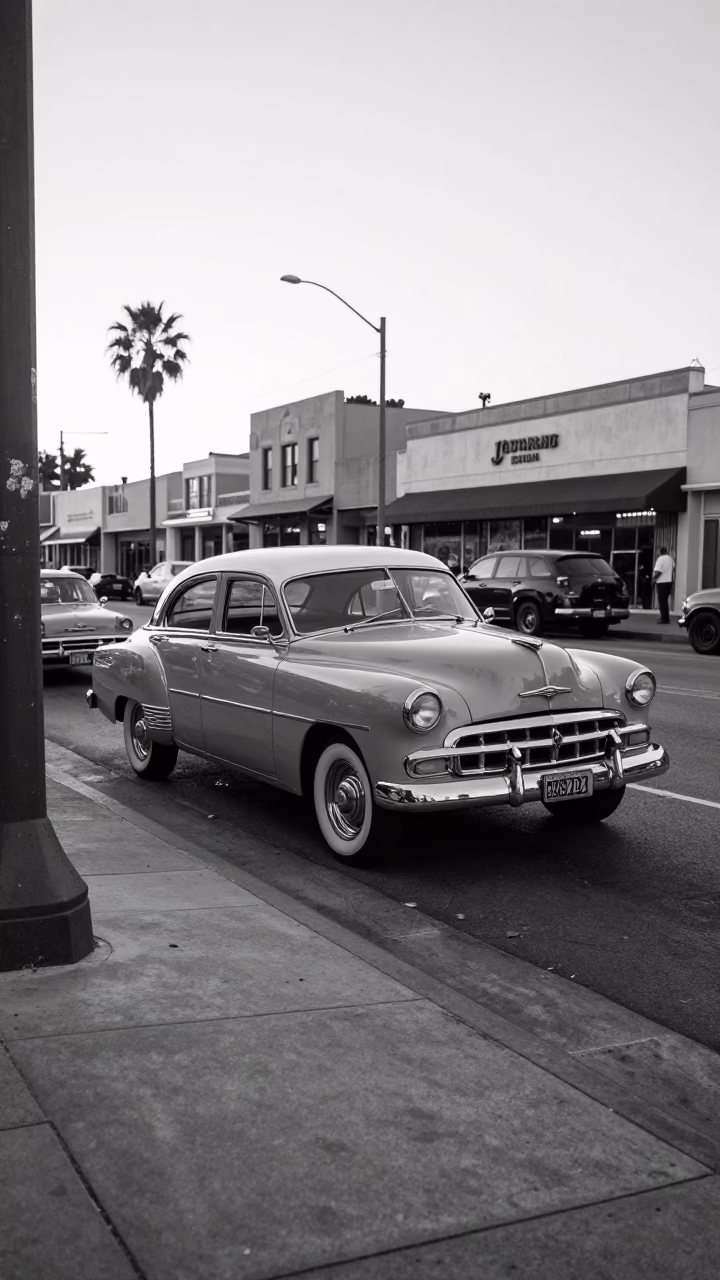 Vintage 1950s San Diego Evening Street Scene with Classic Car and Pedestrians in in San Diego, California, United States