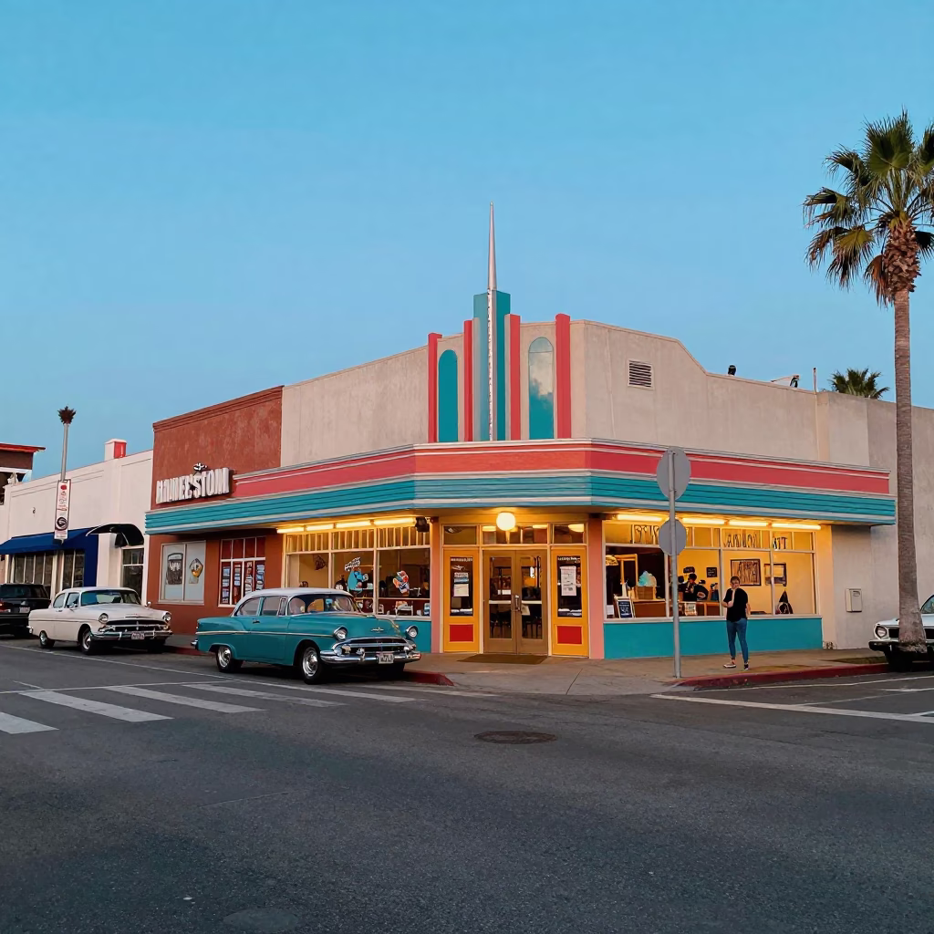 Vintage 1950s San Diego Evening Street Scene with Colorful Storefronts and Classic Cars in in San Diego, California, United States