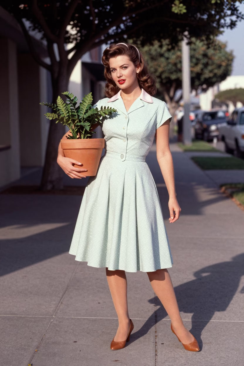 Vintage 1950s San Diego Fashion Model Posed with Plant Pot Near Balboa Park in in San Diego, California, United States