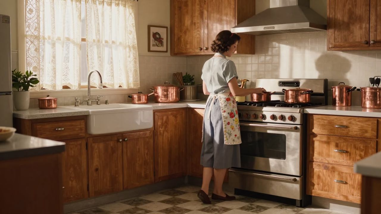 Vintage 1950s San Diego Kitchen Scene with Copper Cookware and Utensils in in San Diego, California, United States
