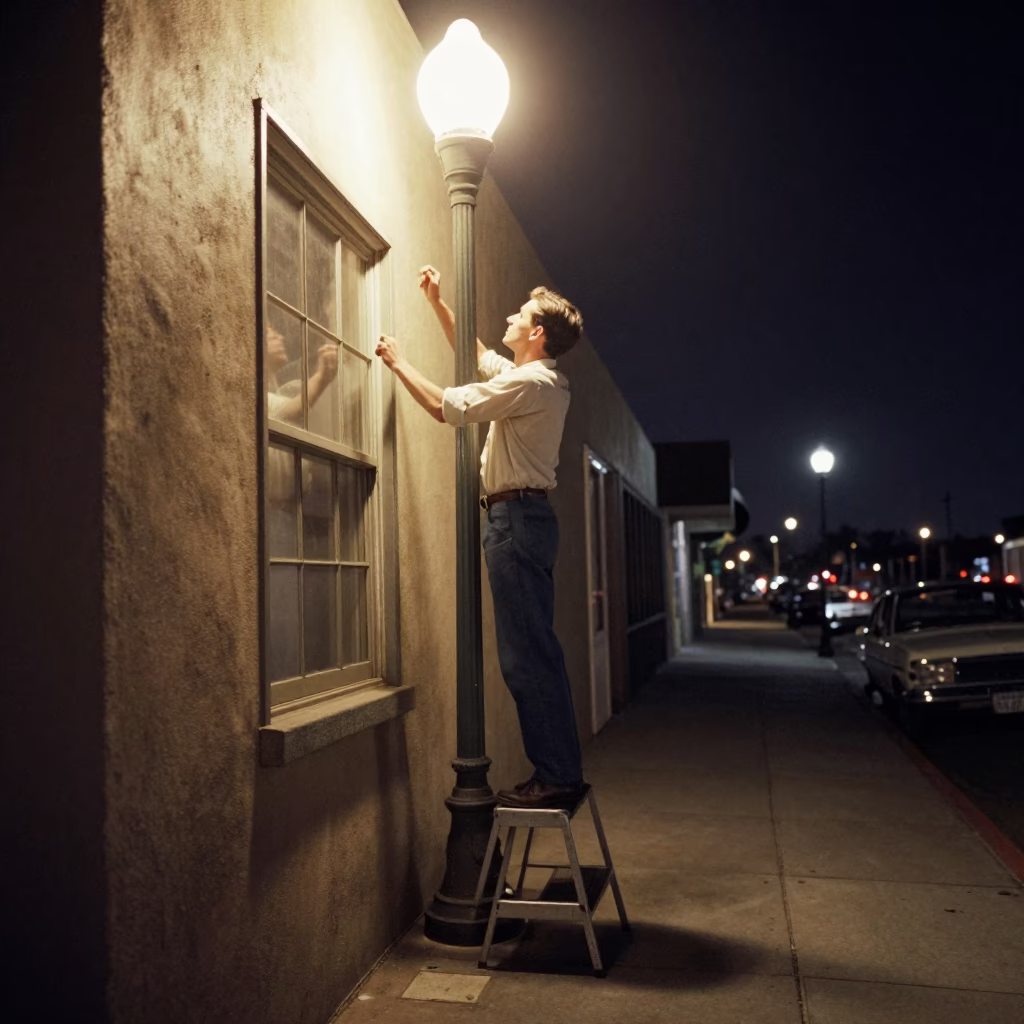 Vintage 1950s San Diego Night Scene with Step Stool and Scratched Sink Rim in in San Diego, California, United States