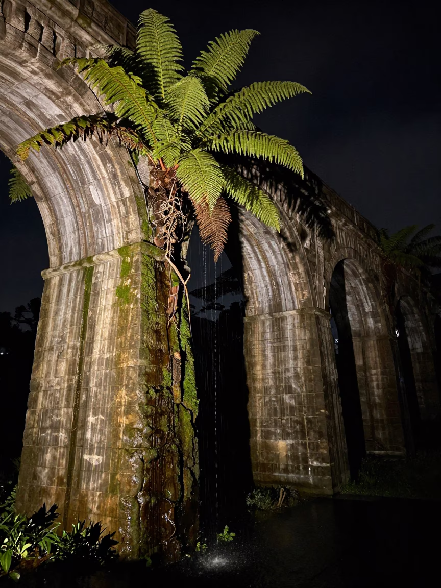 Vintage 1950s San Diego Night Viaduct Arch Undercroft Dripping Ferny Stone Coiled Rope in in San Diego, California, United States