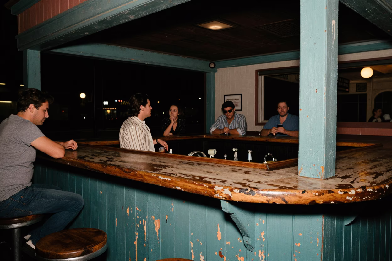 Vintage 1950s San Diego Nightlife Scene with Scuffed Painted Wood Bar and Bottle Caddy in in San Diego, California, United States