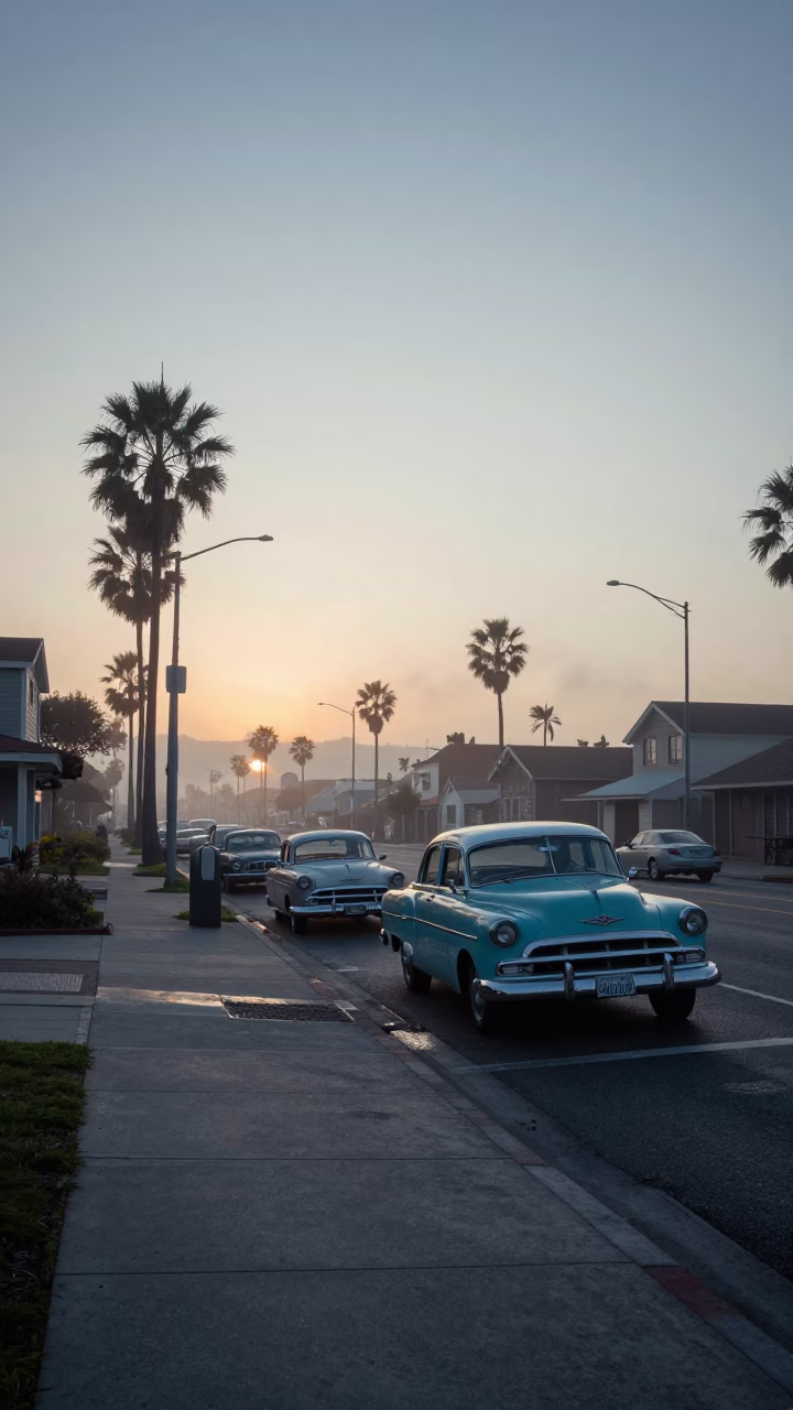Vintage 1950s San Diego Street Scene Before Sunrise with Condensation on Mirror in in San Diego, California, United States