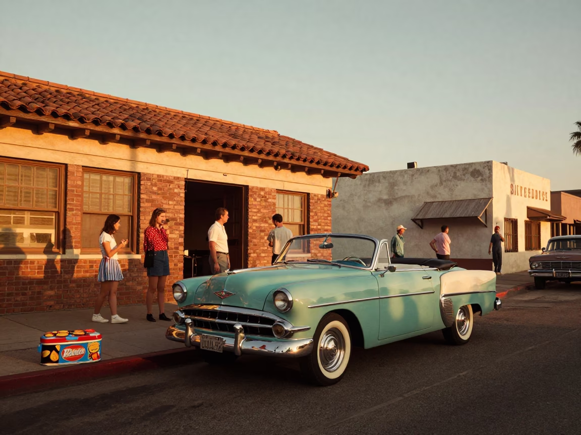 Vintage 1950s San Diego Street Scene with Biscuit Tin and Charcuterie Board in in San Diego, California, United States