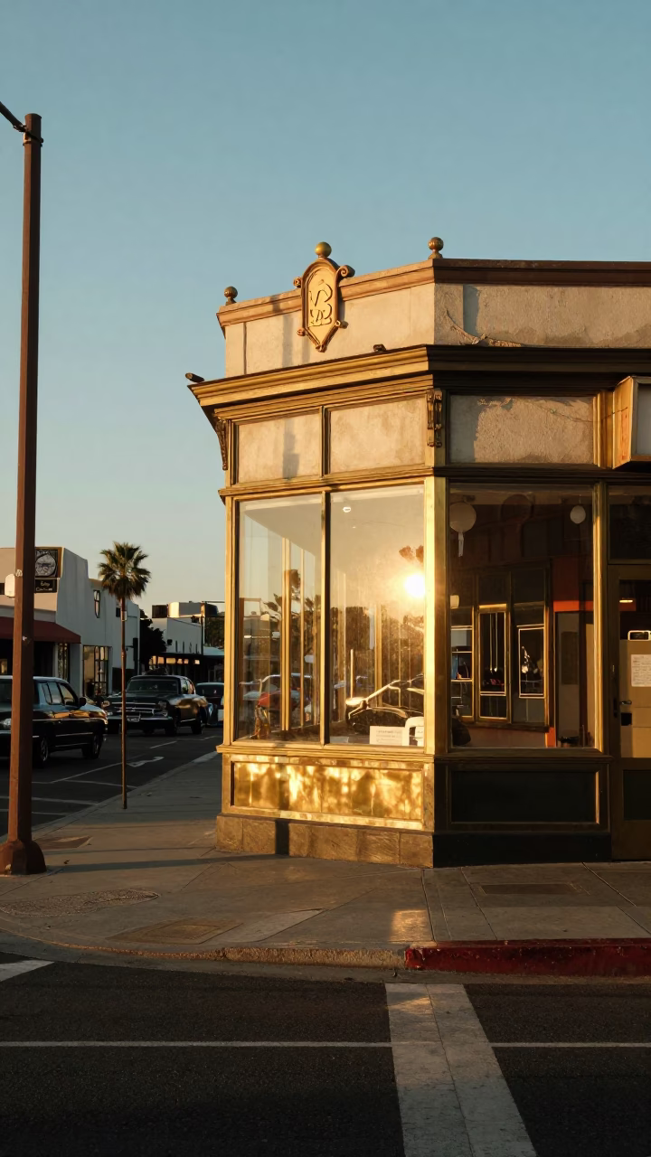 Vintage 1950s San Diego Street Scene with Brass Details and Sunset Light in in San Diego, California, United States