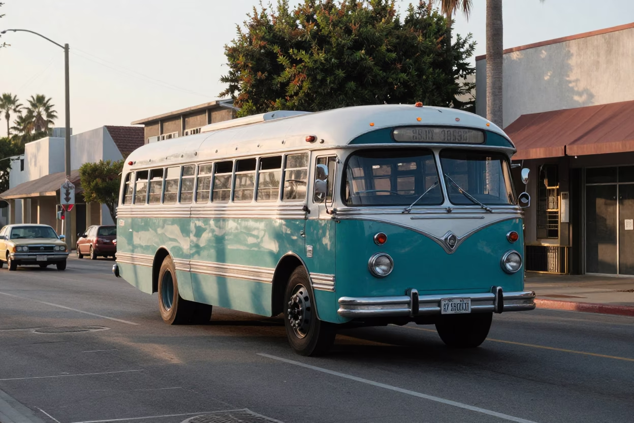 Vintage 1950s San Diego Street Scene with Classic Bus and String Lights in in San Diego, California, United States