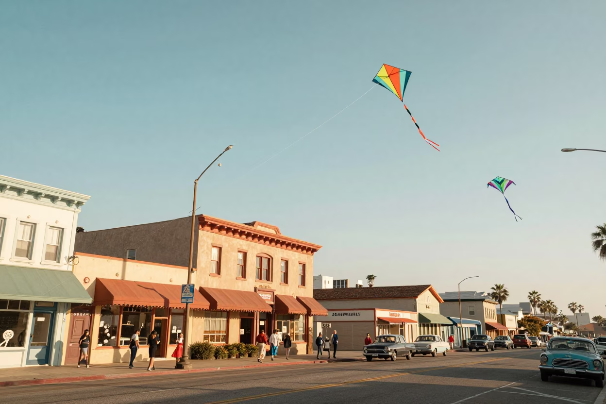 Vintage 1950s San Diego Street Scene with Colorful Kites Flying Over Coastal Architecture in in San Diego, California, United States